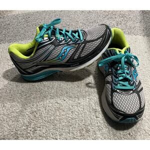 Saucony Guide 9 Running Shoes Sneakers Womens Sz US 12 EU 44.5 Grey/Blue/Citron